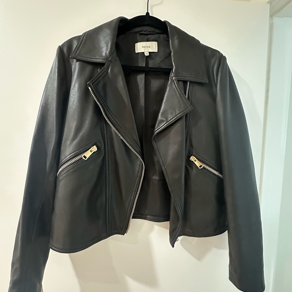 Reiss Dark Leather Jacket with Zipper Accents